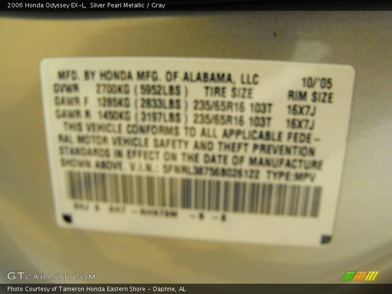 Silver Pearl Metallic / Gray 2006 Honda Odyssey EX-L