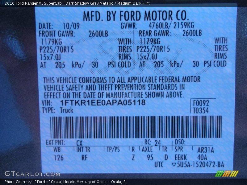 Dark Shadow Grey Metallic / Medium Dark Flint 2010 Ford Ranger XL SuperCab