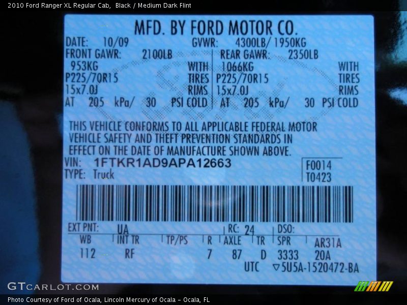 Black / Medium Dark Flint 2010 Ford Ranger XL Regular Cab