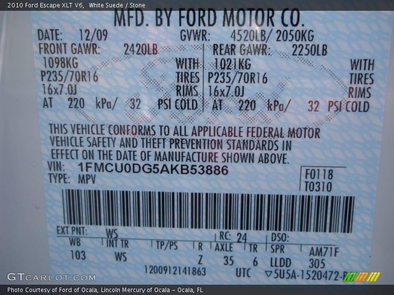 White Suede / Stone 2010 Ford Escape XLT V6