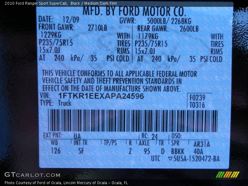 Black / Medium Dark Flint 2010 Ford Ranger Sport SuperCab