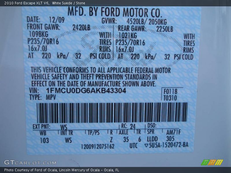 White Suede / Stone 2010 Ford Escape XLT V6