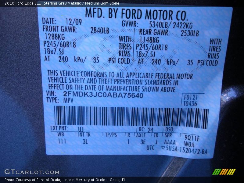 Sterling Grey Metallic / Medium Light Stone 2010 Ford Edge SEL