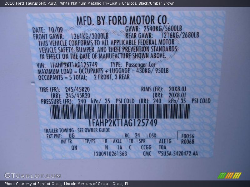 2010 Taurus SHO AWD White Platinum Metallic Tri-Coat Color Code UG