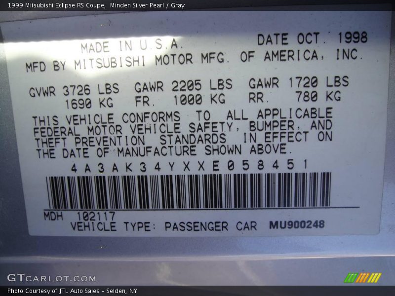 Minden Silver Pearl / Gray 1999 Mitsubishi Eclipse RS Coupe