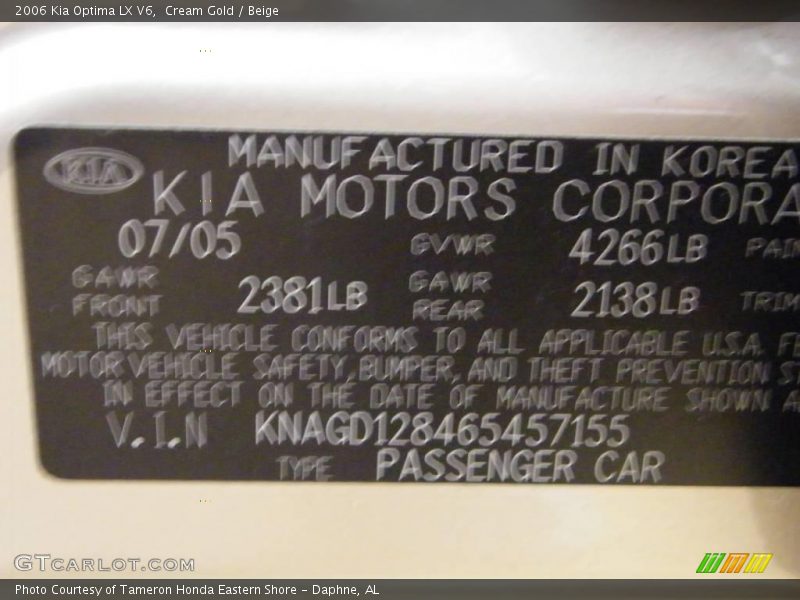 Cream Gold / Beige 2006 Kia Optima LX V6