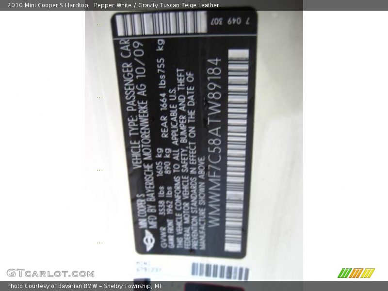 Pepper White / Gravity Tuscan Beige Leather 2010 Mini Cooper S Hardtop