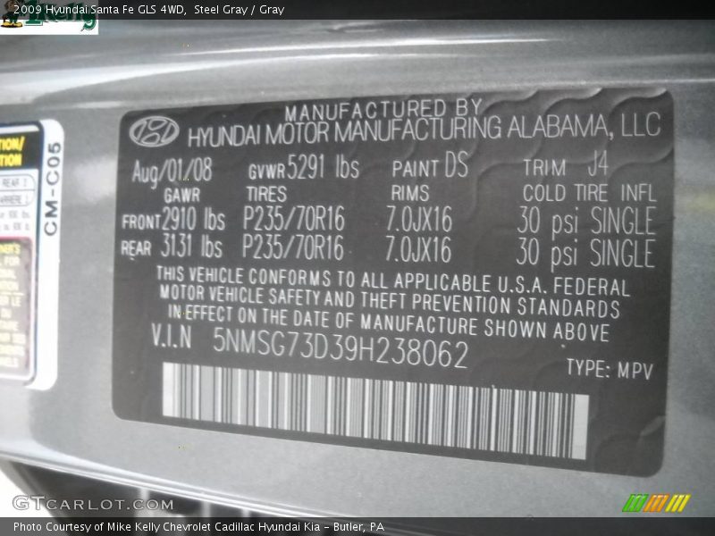 Steel Gray / Gray 2009 Hyundai Santa Fe GLS 4WD