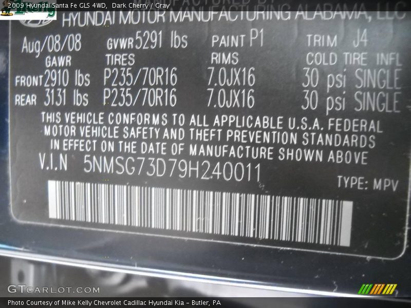 Dark Cherry / Gray 2009 Hyundai Santa Fe GLS 4WD