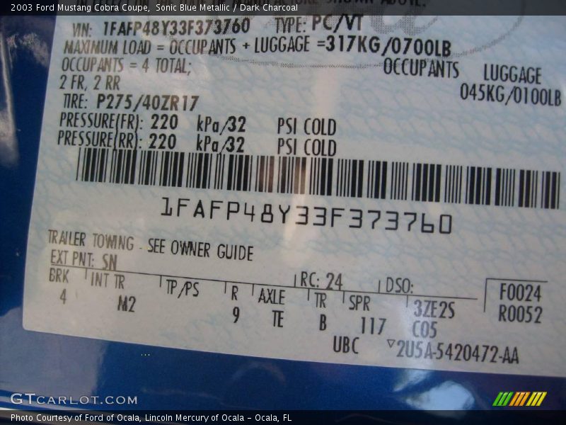 Sonic Blue Metallic / Dark Charcoal 2003 Ford Mustang Cobra Coupe