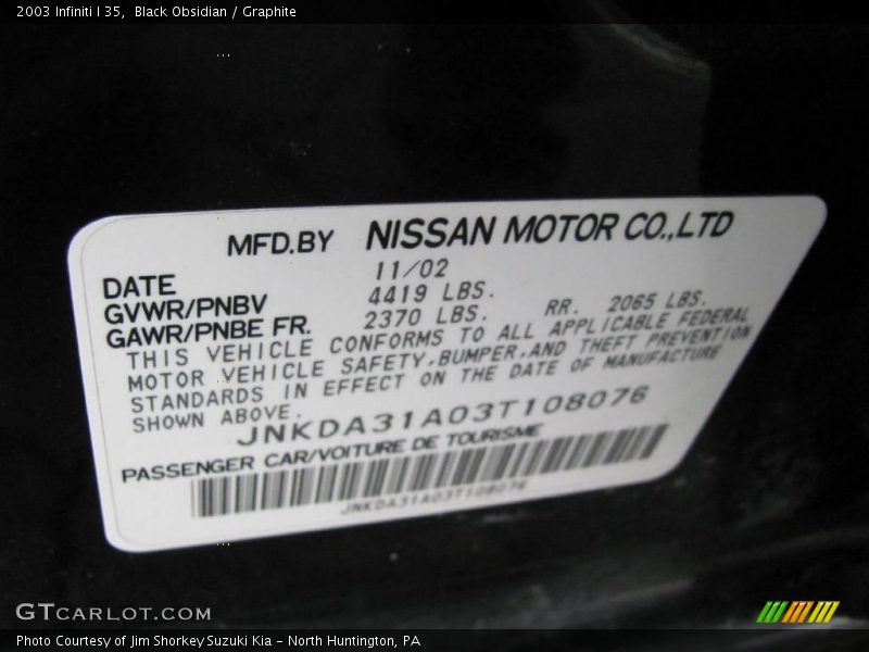 Black Obsidian / Graphite 2003 Infiniti I 35