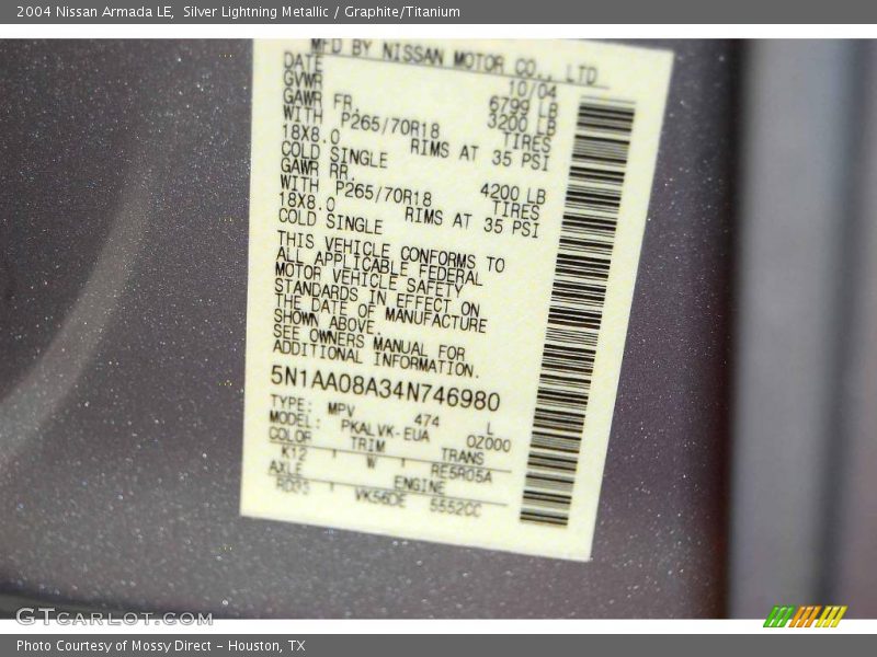 Silver Lightning Metallic / Graphite/Titanium 2004 Nissan Armada LE