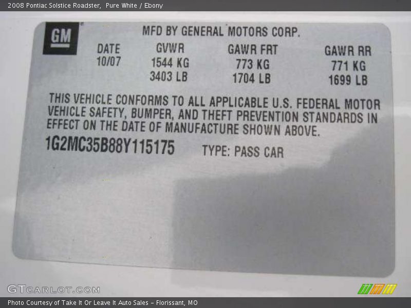 Pure White / Ebony 2008 Pontiac Solstice Roadster