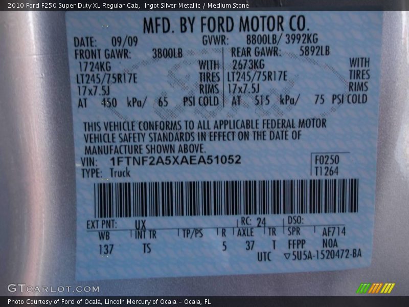 Ingot Silver Metallic / Medium Stone 2010 Ford F250 Super Duty XL Regular Cab