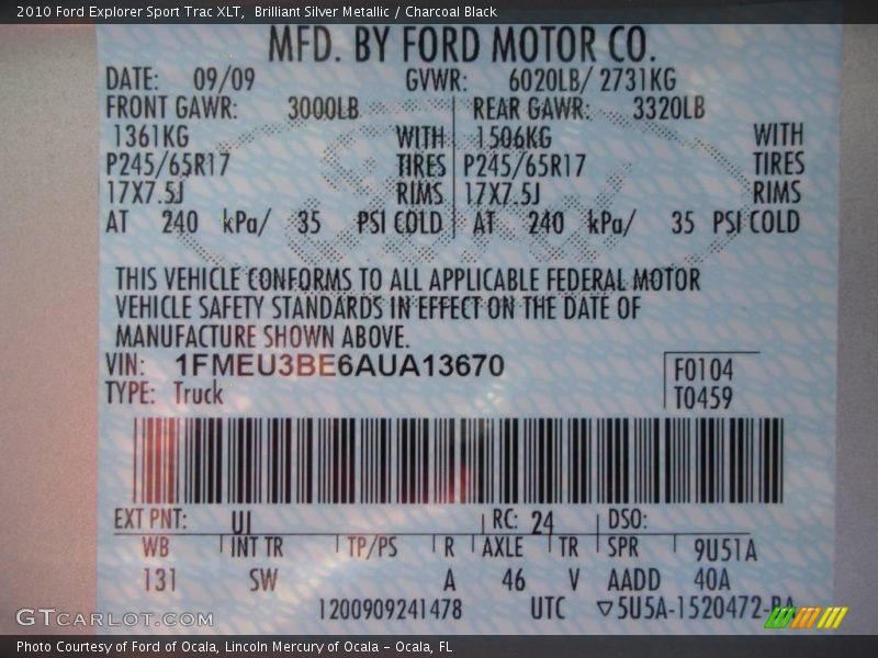 Brilliant Silver Metallic / Charcoal Black 2010 Ford Explorer Sport Trac XLT