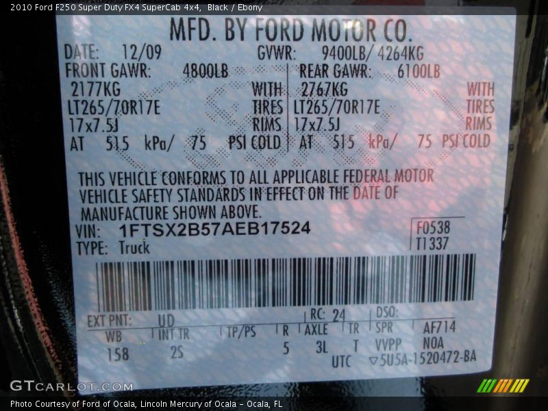 Black / Ebony 2010 Ford F250 Super Duty FX4 SuperCab 4x4