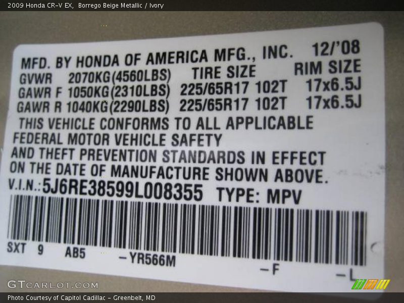 Borrego Beige Metallic / Ivory 2009 Honda CR-V EX
