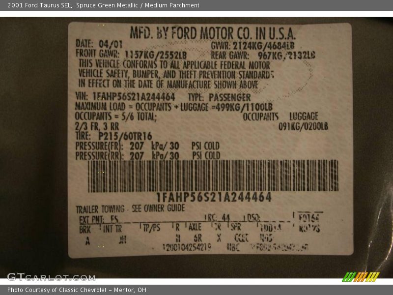 Spruce Green Metallic / Medium Parchment 2001 Ford Taurus SEL