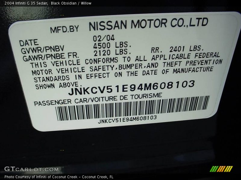 Black Obsidian / Willow 2004 Infiniti G 35 Sedan