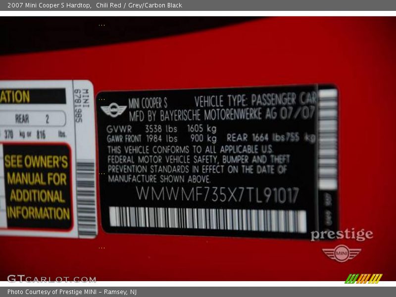 Chili Red / Grey/Carbon Black 2007 Mini Cooper S Hardtop