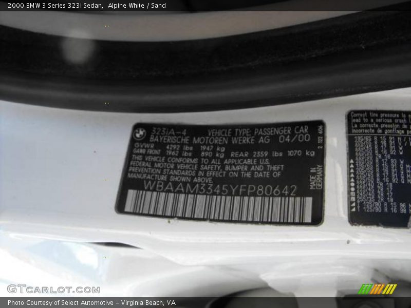 Alpine White / Sand 2000 BMW 3 Series 323i Sedan