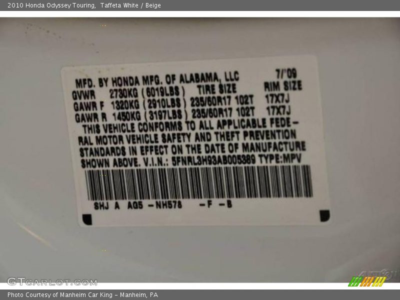Taffeta White / Beige 2010 Honda Odyssey Touring