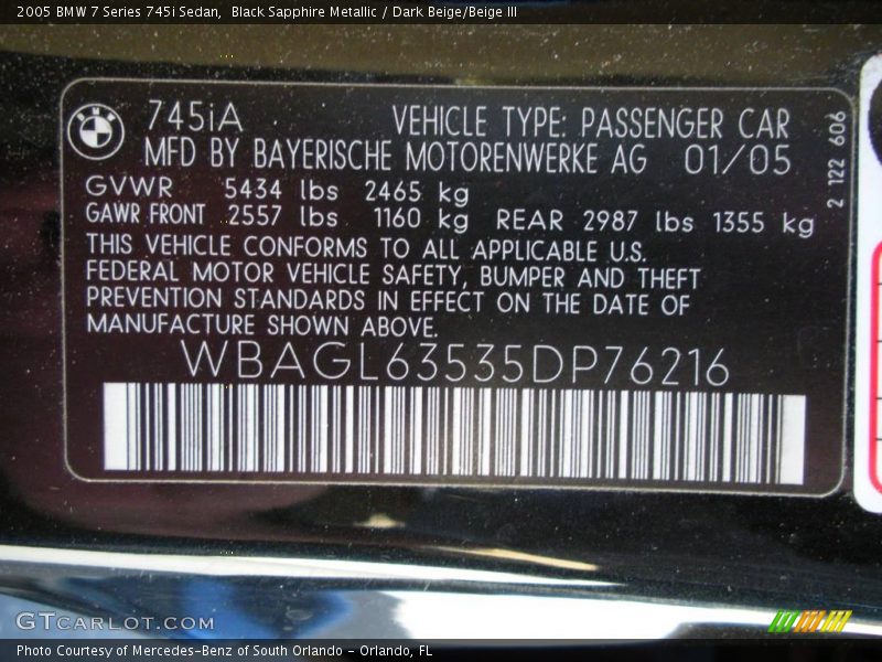 Black Sapphire Metallic / Dark Beige/Beige III 2005 BMW 7 Series 745i Sedan