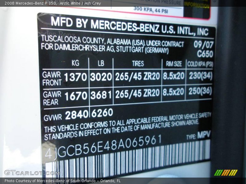 Arctic White / Ash Grey 2008 Mercedes-Benz R 350