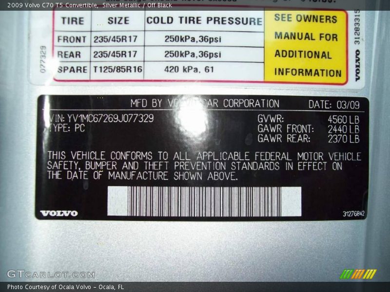 Silver Metallic / Off Black 2009 Volvo C70 T5 Convertible