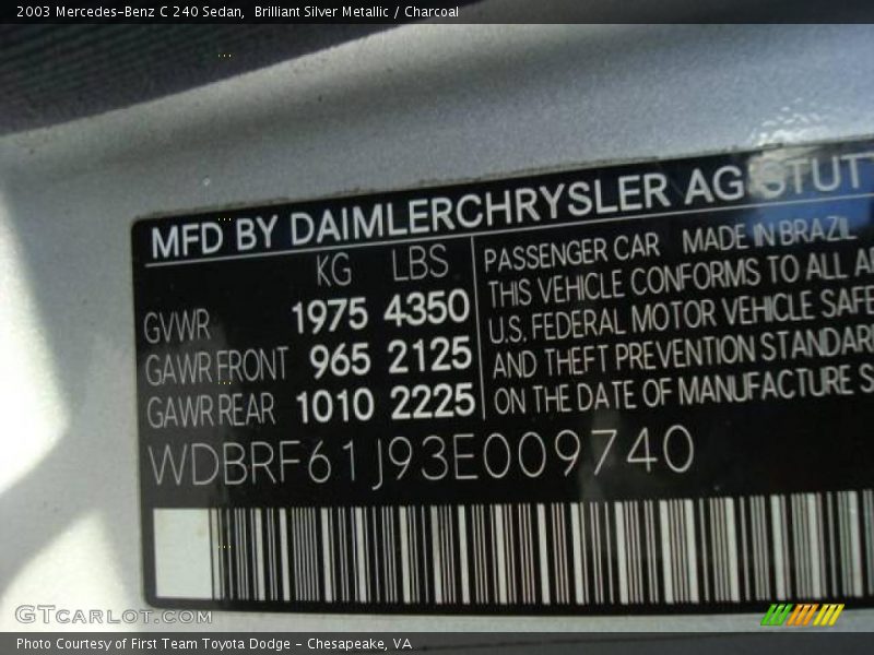 Brilliant Silver Metallic / Charcoal 2003 Mercedes-Benz C 240 Sedan