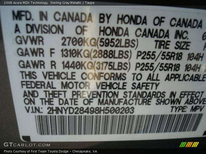 Sterling Gray Metallic / Taupe 2008 Acura MDX Technology