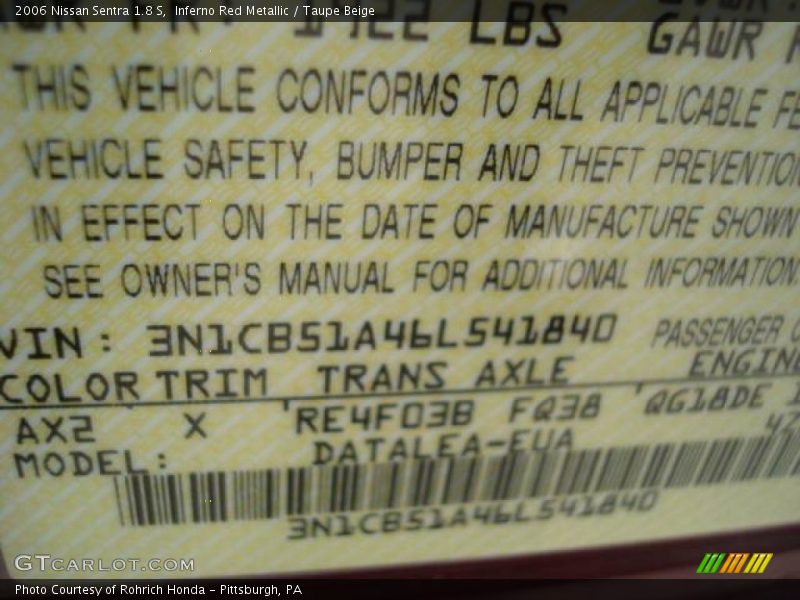 Inferno Red Metallic / Taupe Beige 2006 Nissan Sentra 1.8 S