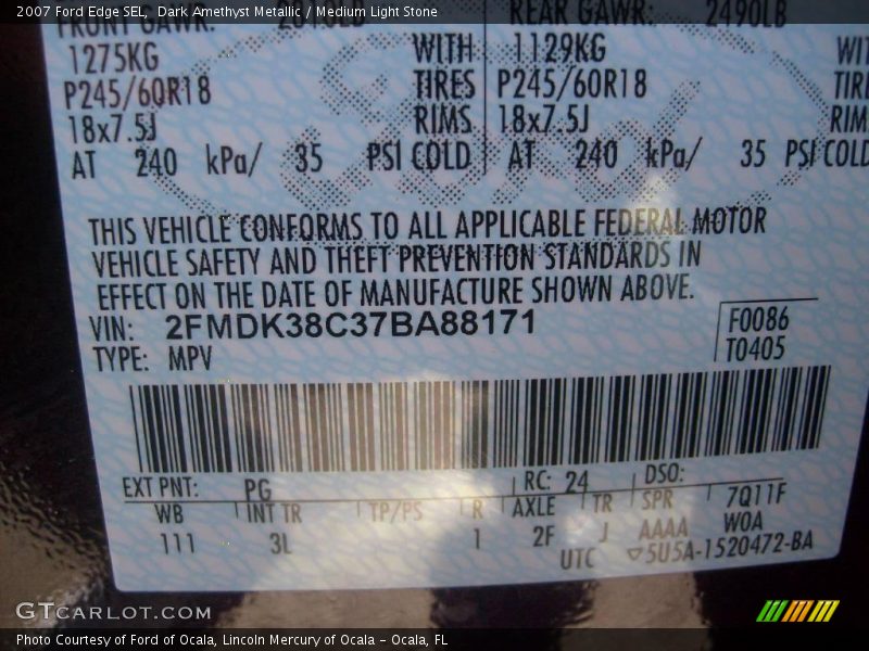 Dark Amethyst Metallic / Medium Light Stone 2007 Ford Edge SEL