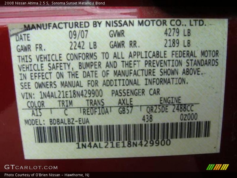 Sonoma Sunset Metallic / Blond 2008 Nissan Altima 2.5 S