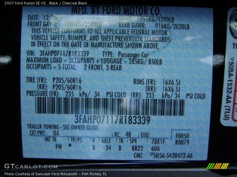 Black / Charcoal Black 2007 Ford Fusion SE V6