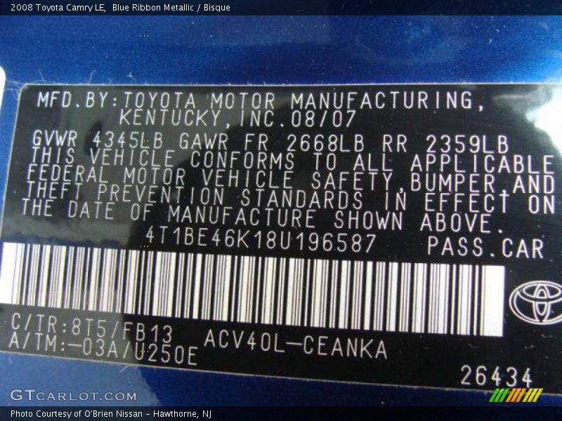 Blue Ribbon Metallic / Bisque 2008 Toyota Camry LE