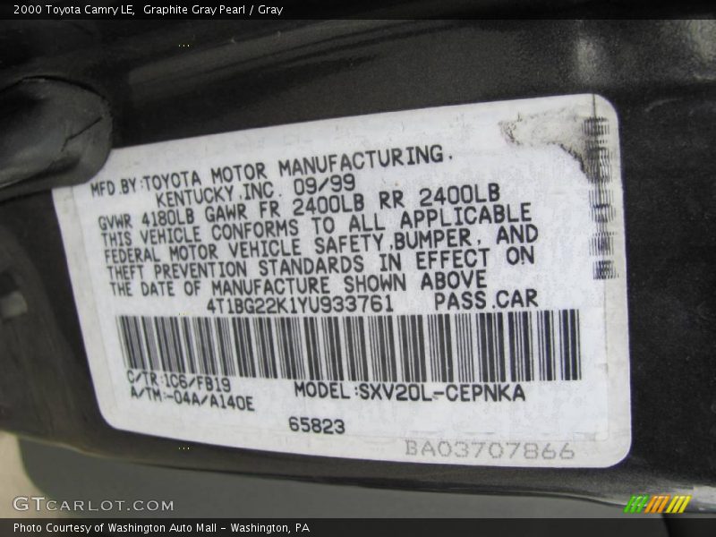 Graphite Gray Pearl / Gray 2000 Toyota Camry LE