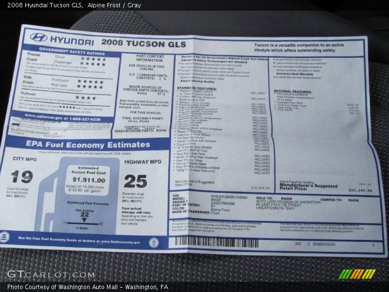 Alpine Frost / Gray 2008 Hyundai Tucson GLS