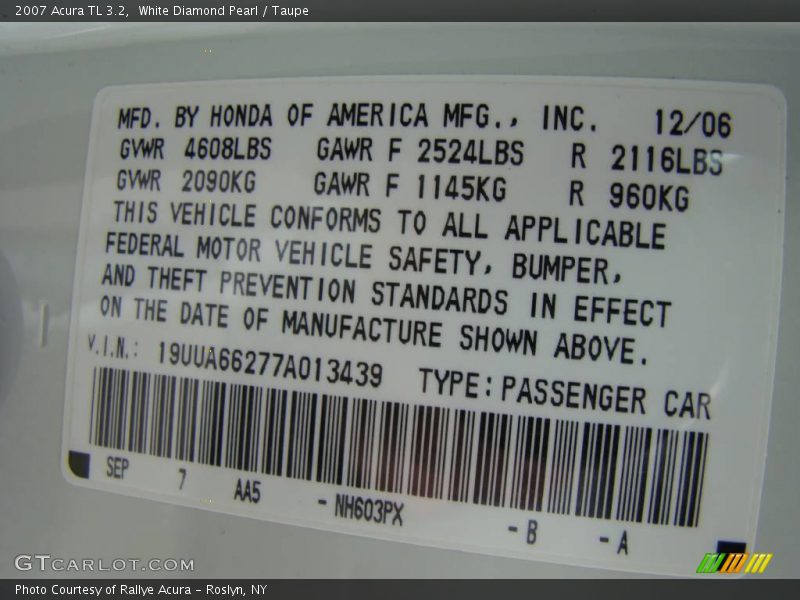 White Diamond Pearl / Taupe 2007 Acura TL 3.2