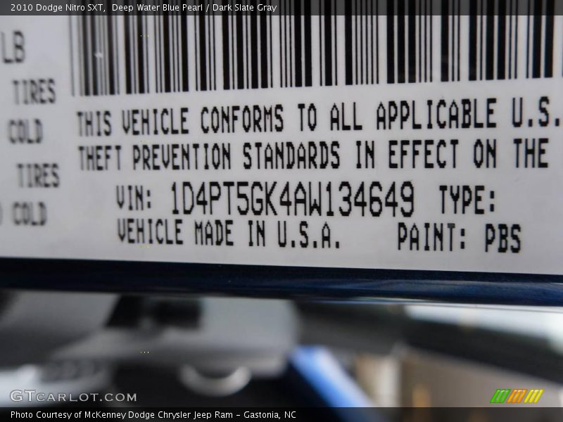 Deep Water Blue Pearl / Dark Slate Gray 2010 Dodge Nitro SXT