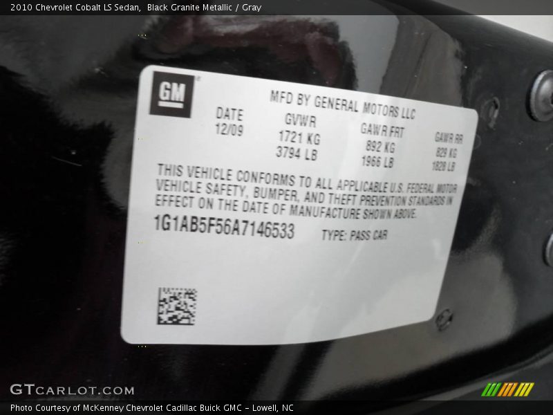 Black Granite Metallic / Gray 2010 Chevrolet Cobalt LS Sedan