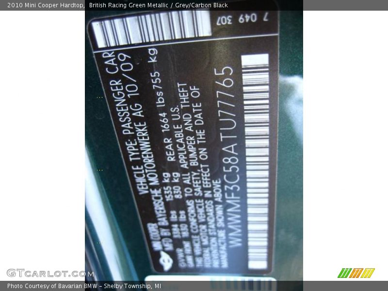 British Racing Green Metallic / Grey/Carbon Black 2010 Mini Cooper Hardtop