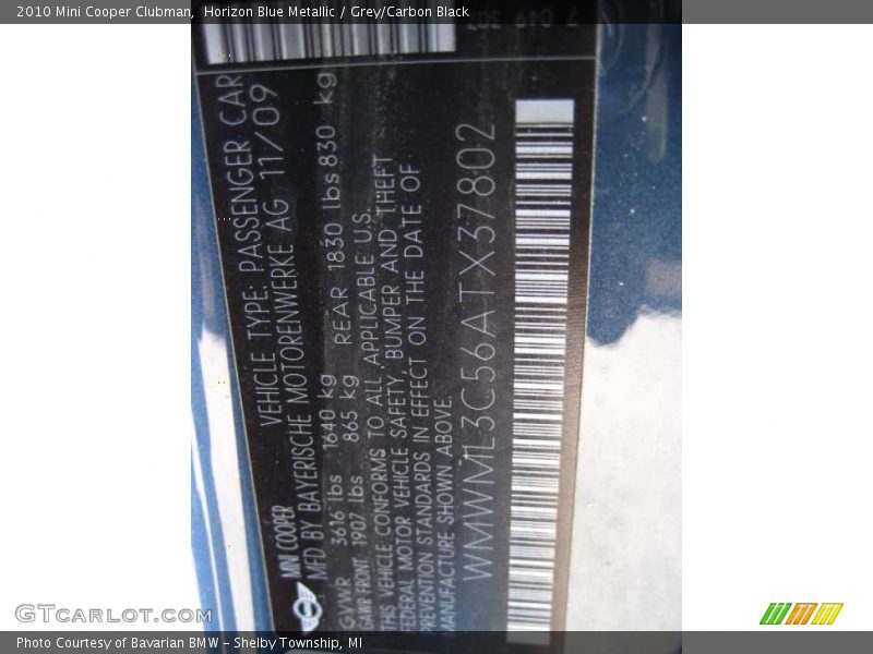 Horizon Blue Metallic / Grey/Carbon Black 2010 Mini Cooper Clubman