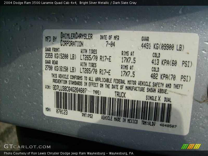 Bright Silver Metallic / Dark Slate Gray 2004 Dodge Ram 3500 Laramie Quad Cab 4x4