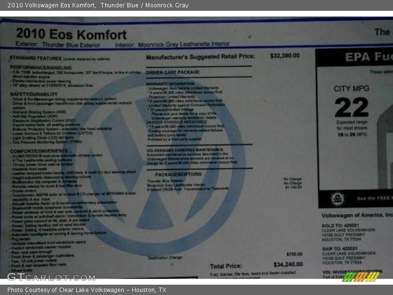 Thunder Blue / Moonrock Gray 2010 Volkswagen Eos Komfort