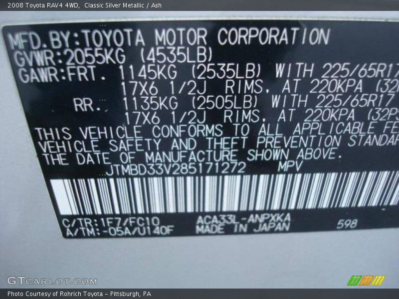 Classic Silver Metallic / Ash 2008 Toyota RAV4 4WD