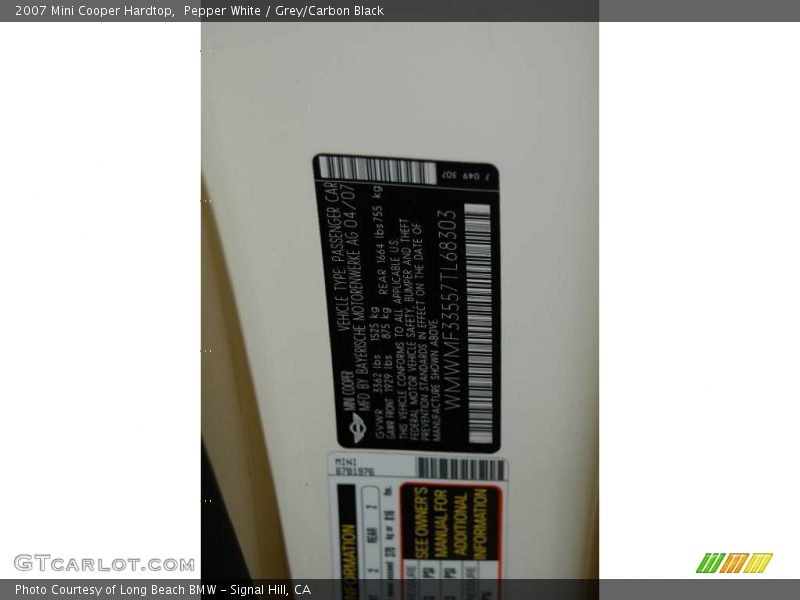 Pepper White / Grey/Carbon Black 2007 Mini Cooper Hardtop