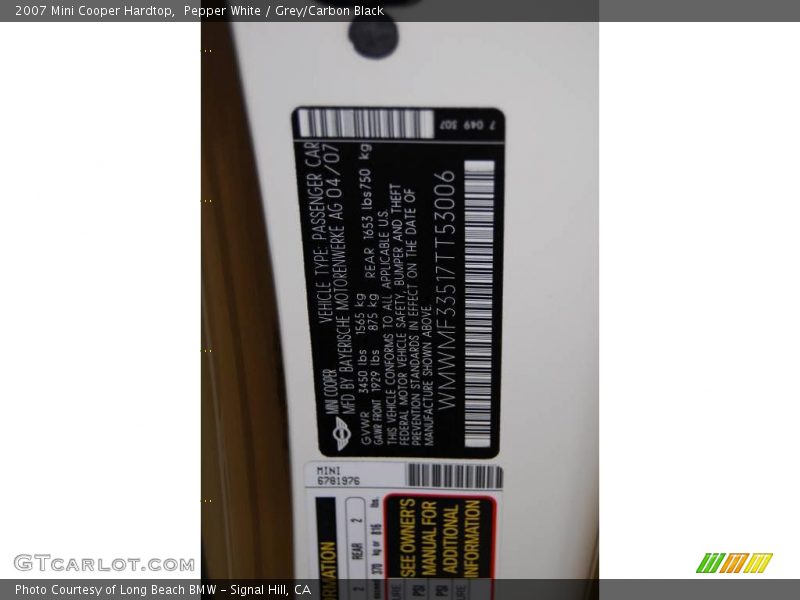 Pepper White / Grey/Carbon Black 2007 Mini Cooper Hardtop