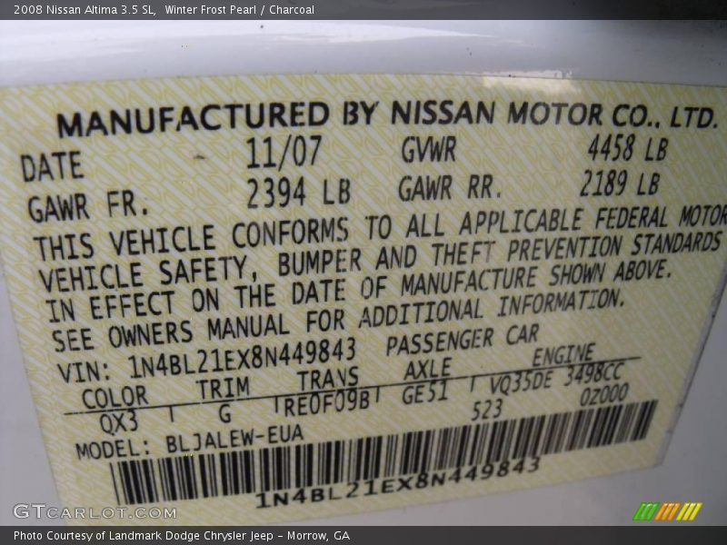 Winter Frost Pearl / Charcoal 2008 Nissan Altima 3.5 SL