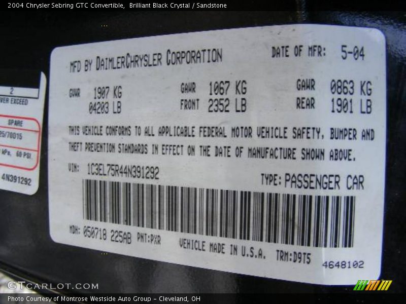 Brilliant Black Crystal / Sandstone 2004 Chrysler Sebring GTC Convertible